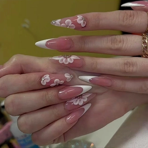 Almond Shape French Tip Press On Nails With Embossed Flower And Rhinestone Decor Artificial Nails Elegant Style