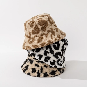 Leopard Print Faux Lamb Wool Bucket Hat Winter Warm Fuzzy Thick Chic Windproof Outdoor Headwear Women Men