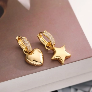 Asymmetric gold plated earrings with zircon heart and star pendants for women