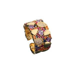 Exquisite wide open ring featuring colorful zircon stones set in a gold metal band