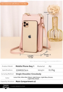 Detailed view of pink PU leather phone bag with dimensions 11x4x18.5cm and adjustable strap