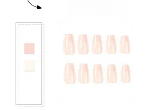 Detailed view of ten pink press-on nails with marble texture and coffin shape
