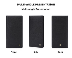 Detailed views of long men's Saffiano wallet with gold M logo and RFID blocking feature
