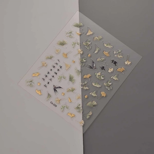 Golden ginkgo leaf and swallow nail art stickers with vintage 5D embossed foil texture