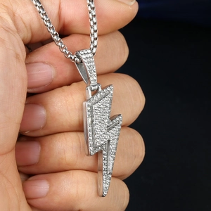Hip hop silver lightning bolt pendant necklace with rhinestones on a box chain for men
