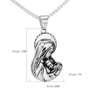 Silver Virgin Mary and Jesus pendant necklace in stainless steel with 47mm height