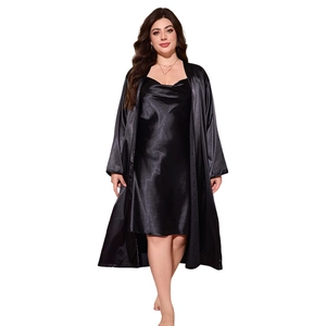 Women's black silk satin two-piece pajama set with V-neck chemise and belted robe