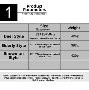 Detailed size chart for retractable Christmas Santa, Snowman and Reindeer plush figures