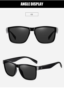 Macro detail of square black sunglasses showing silver metal hinges and logo from dual angles