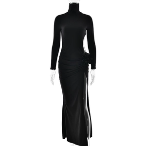 Elegant black high neck long sleeve dress with floral waist detail and high side slit