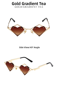 Detailed front and side views of heart-shaped gold metal frame sunglasses with tea lenses