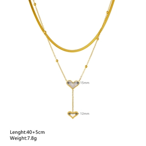 Double-layered gold titanium necklace with shell heart pendants and length dimensions