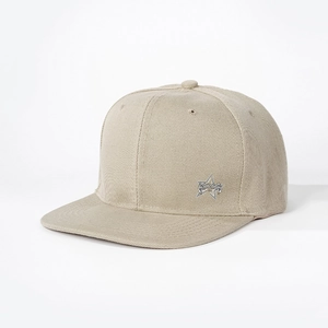 Beige flat brim baseball cap with blue star print and adjustable six-panel design