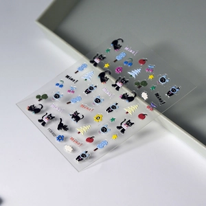 5D embossed cartoon black cat nail stickers with colorful flowers and stars
