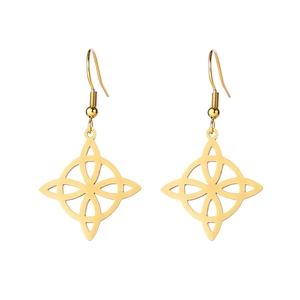 Golden Celtic Witch Knot dangle earrings with intricate cutout geometric pattern for women