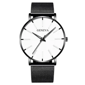 Detailed macro view of Geneva minimalist watch dial with sleek black mesh strap and hour marks