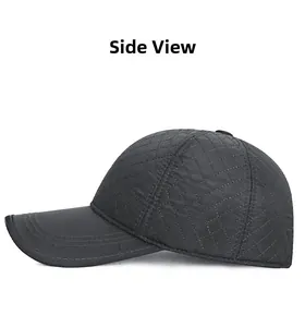 Side view of winter quilted baseball cap with classic diamond lattice stitching and curved brim