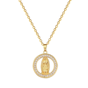 Golden titanium steel necklace with Saint Mary portrait pendant and sparkling crystals