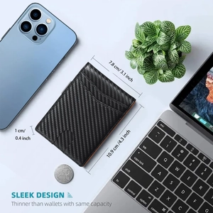 Detail view of ultra-thin carbon fiber RFID wallet with orange accents and dimensions