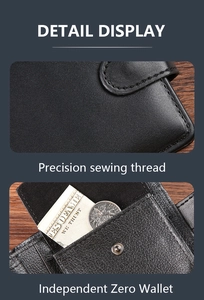 Detail view of men's black PU leather wallet showing precision stitching and snap coin pocket