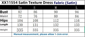 Detailed size chart for satin slip dress showing bust, waist, and hip measurements
