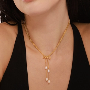 Collier nœud élégant plaqué or 18 carats avec glands en perles d'eau douce