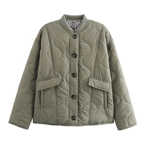 Olive green quilted jacket with leopard print lining and front button closure
