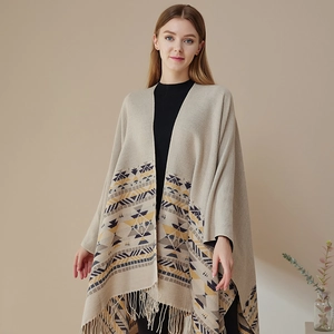 Beige minimalist ethnic shawl with navy geometric patterns and soft tassels for women