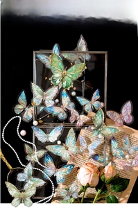 Detail of transparent butterfly stickers with laser holographic finish on vintage background