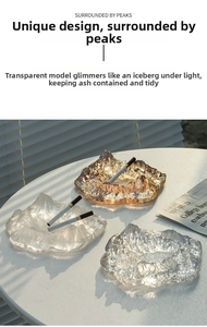 Macro detail of iceberg-inspired glass ashtrays in amber, clear, and frosted grey tones