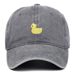 Dark grey washed cotton baseball cap featuring a yellow cartoon duck embroidery