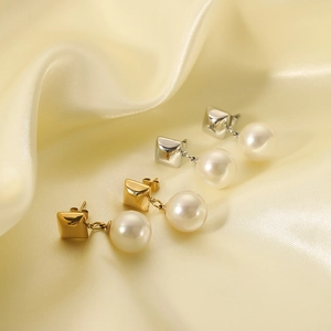 Geometric 18K gold and silver plated square stud earrings with large white pearls