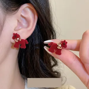 Red Flocked Pony Stud Earrings With Golden Bowknot And Faux Artificial Pearl Silver Earring Post Vintage For Women