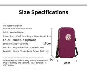 Detail of purple nylon crossbody phone bag showing 8x16x4cm size and zipper pockets