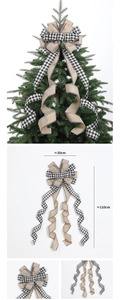 Detail of Christmas tree topper bow in black white buffalo plaid and burlap with long streamers