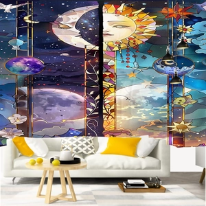 Colorful stained glass sun and moon tapestry for living room wall decor