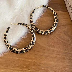 Retro oversized leopard print hoop earrings with elegant gold-tone metal base design