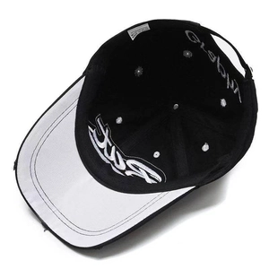 Casquette de baseball en coton noir unisexe avec broderie blanche et vue de la visière