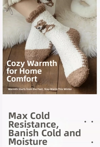 Close-up of thick coral fleece winter socks with cute plush bear pattern on wood floor