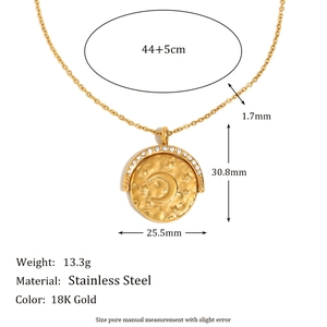 18K gold-plated stainless steel necklace with celestial coin pendant and crystal details