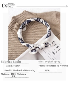 Detail of 100% silk scarf with floral patterns, 53x53cm size and 12mm thick fabric
