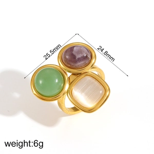 Gold stainless steel ring with purple stone, green chalcedony and pearl square inlay