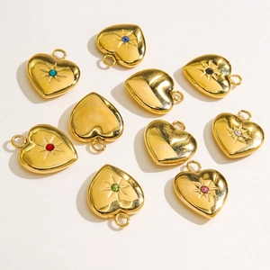 Polished 14K gold 3D heart charms with colorful zircon starbursts for DIY necklaces