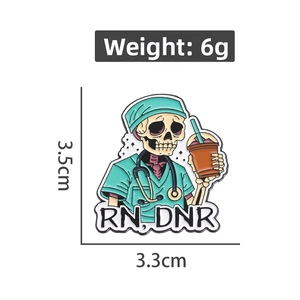 Cartoon skeleton nurse enamel pin with stethoscope and coffee, RN DNR lettering