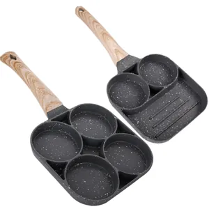 Non-Stick Egg Frying Pan Maifan Stone Coating Multi-Compartment Breakfast Cooker Wood Pattern Handle Universal Stove Compatible