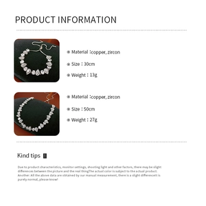 Detailed size and material specs for the adjustable zircon teardrop necklace and bracelet