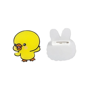 Cute yellow acrylic duck brooch with cartoon design showing front and back views