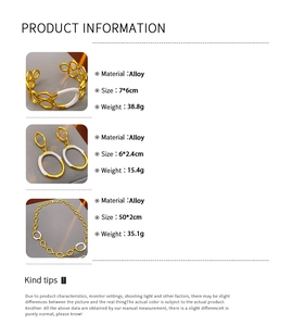 Detailed size and weight specifications for gold alloy necklace, bracelet, and earrings set