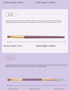 Detail view of purple matte makeup brushes with golden tubes and specifications