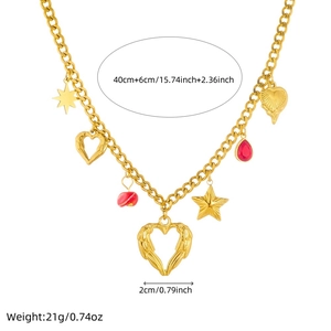 Gold stainless steel necklace featuring hollow heart, star and red teardrop charms